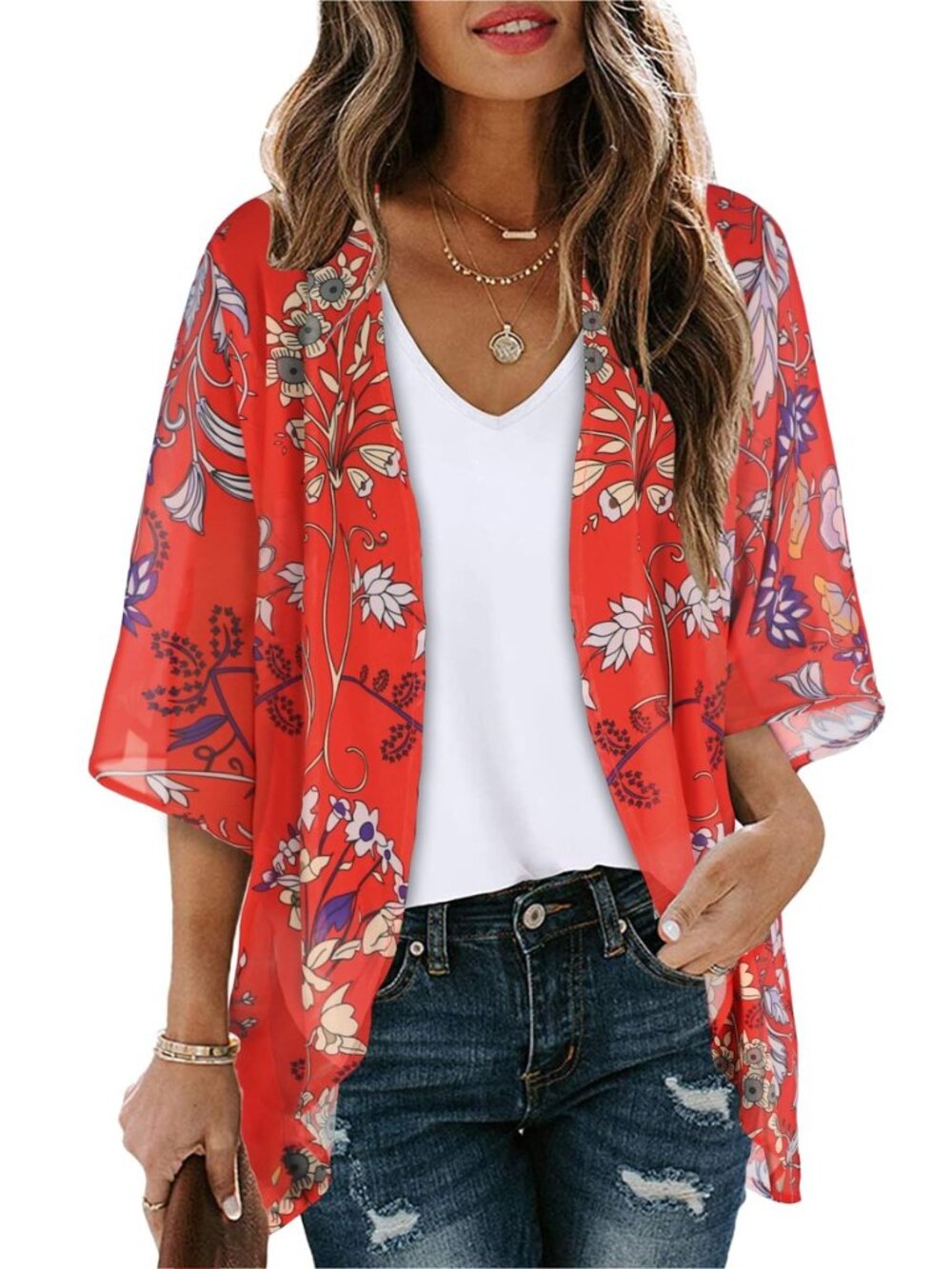 Womens Floral Kimono Cardigan Beach Cover Up Casual Summer Tops